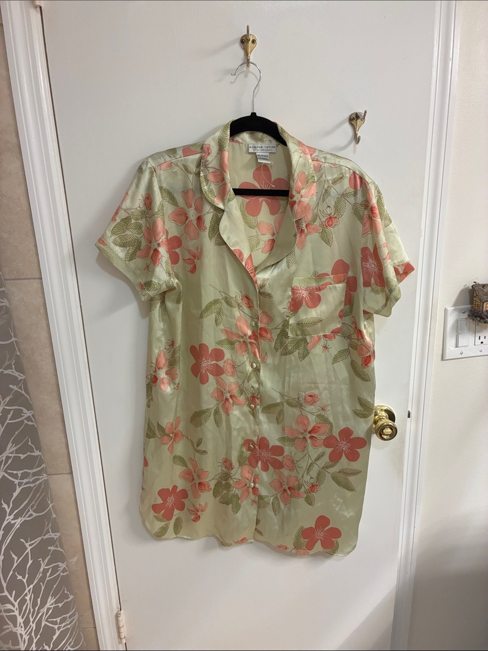Morgan Taylor Vintage Green Floral Button-Front  Sleep Shirt dress Sz L